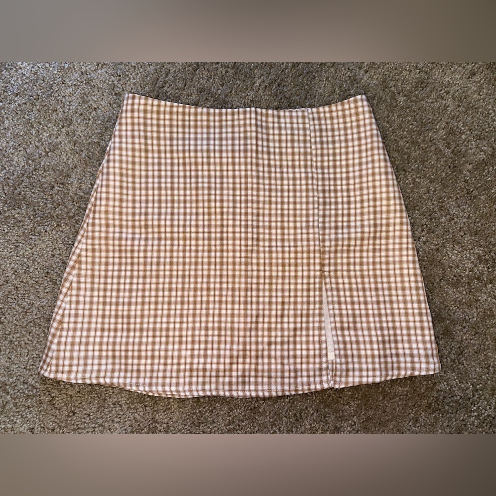 Hyfve Plaid Mini Skirt Tan Neutral Split Hem - Picture 2 of 10